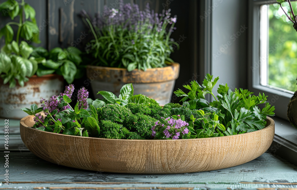 Fresh green herbs and broccoli in wooden bowl on rustic table Fresh green herbs and broccoli in wooden bowl on rustic table