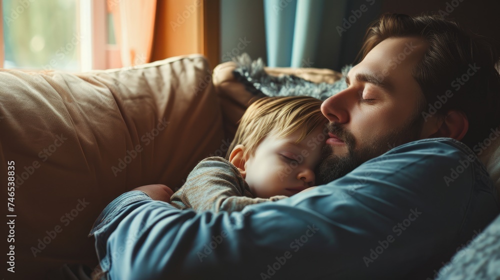 A heartwarming moment of a man hugging a child as they sleep on a couch. Fictional Character Created By Generated By Generated AI.