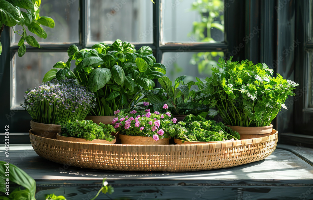 Various fresh herbs and flowers on the window