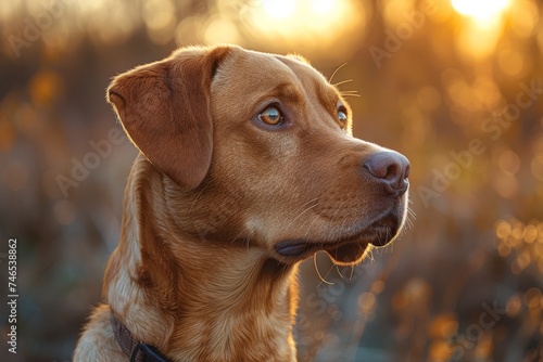 A serene scene with a Golden Retriever's profile against a blurred sunset backdrop, exuding peace and loyalty