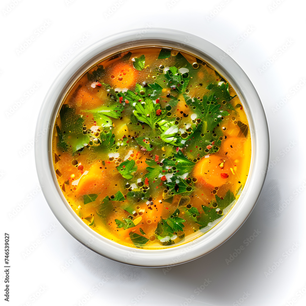 Homemade vegetarian soup in white bowl top view isolated on white background Homemade vegetarian soup in white bowl top view isolated on white background