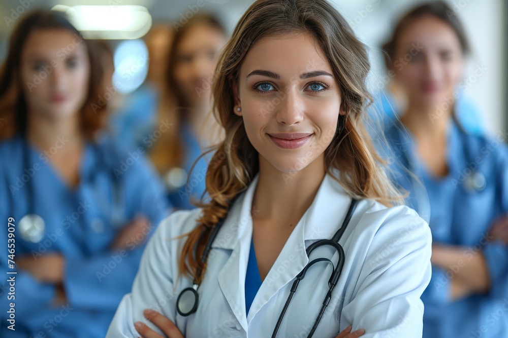 A confident woman doctor smiling with a team of healthcare professionals in the background A confident woman doctor smiling with a team of healthcare professionals in the background