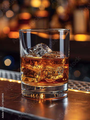 Glass of whiskey with ice cubes on the wooden bar counter