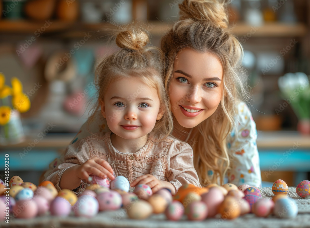Mother and daughter with Easter eggs Mother and daughter with Easter eggs