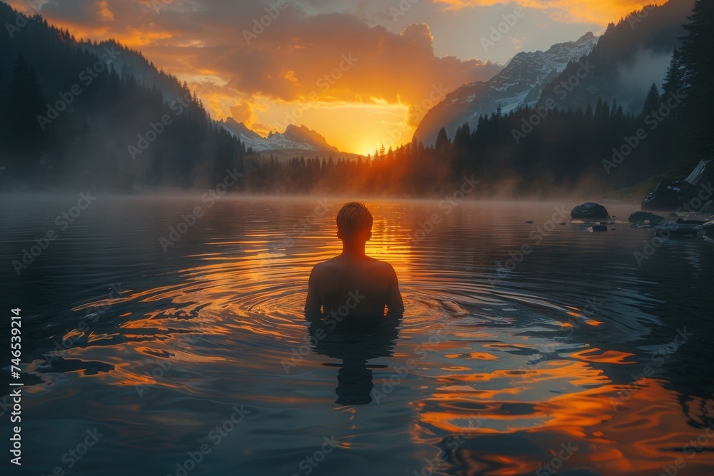 The calm waters and mountain views offer a tranquil moment as a man unwinds in a serene lake at sunset - obrazy, fototapety, plakaty 