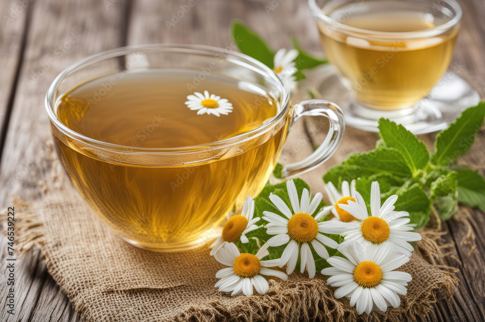 Chamomile Herbal Tea in Glass Cups with Fresh Daisy Flowers Chamomile Herbal Tea in Glass Cups with Fresh Daisy Flowers