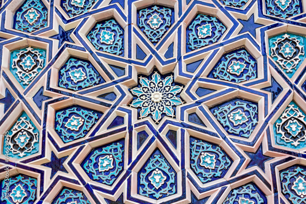 Authentic Uzbek Mosaic Pattern on Ceramic Tile Wall of the Museum.