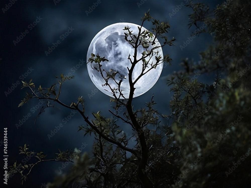 Naklejka premium moon in the dark, full moon with the image of the branches in the front