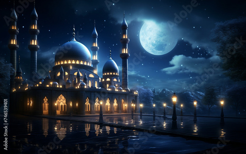 Serene Moonlit View of a Peaceful Mosque at Night Isolated on White Background.