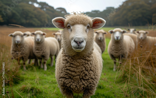 Sheep stares at the camera with herd of sheep in the background
