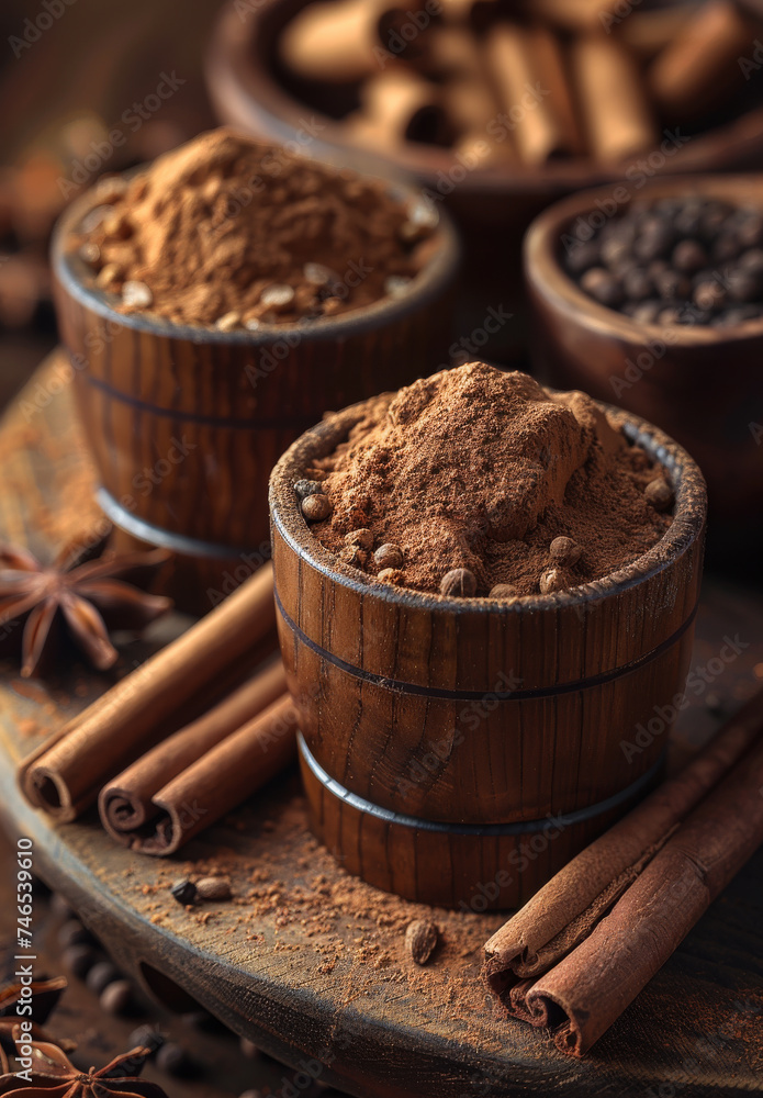 Cinnamon sticks anise stars and ground cinnamon in bowls on wooden table Cinnamon sticks anise stars and ground cinnamon in bowls on wooden table