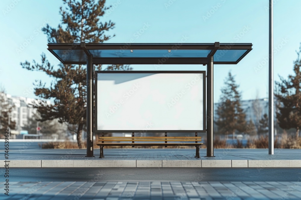 Street View of Bus Stop with Empty Ad Billboard for Mockup. Street View of Bus Stop with Empty Ad Billboard for Mockup.