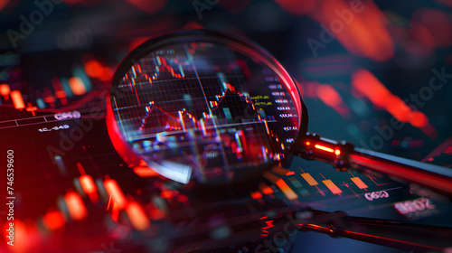 Magnifying glass inspects a financial chart with upward trend.