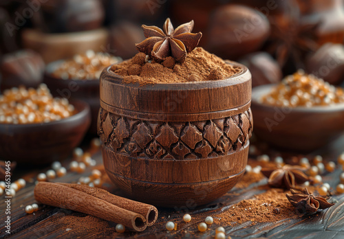 Ground cinnamon in wooden bowl with anise star and cloves on dark background