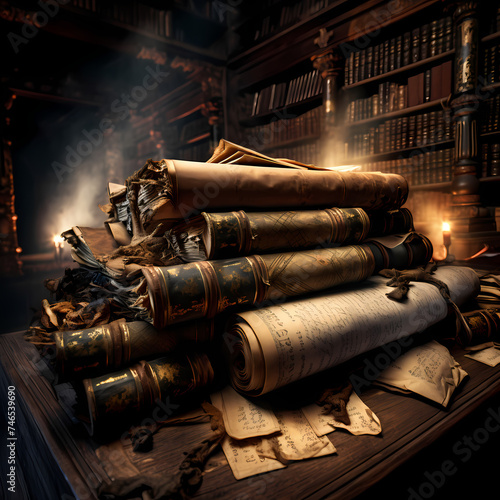 Ancient scrolls in a dimly lit library.