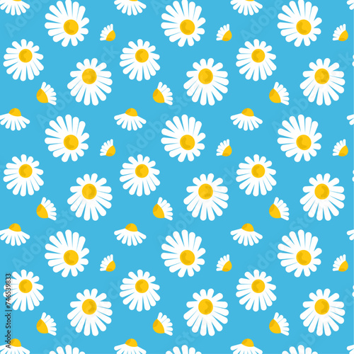 Bright seamless pattern with white daisy flowers on a blue background for fabric and textiles. Summer vector cartoon illustration. Ornament for packaging and wrapping paper. Wildflowers paper gift bag