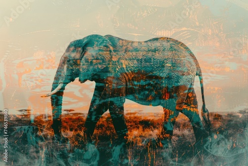 An elephant overlaid with the texture of the savanna at sunset in a double exposure