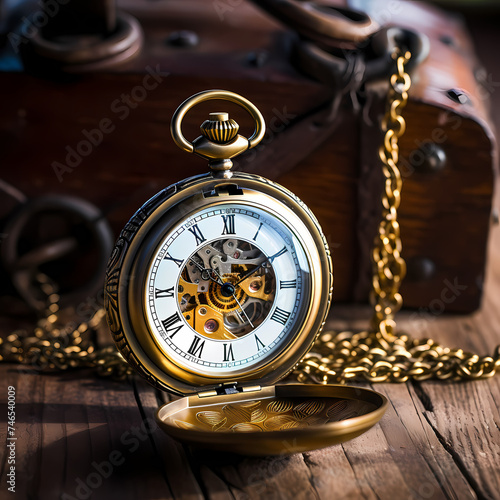 Antique pocket watch against a rustic background. 