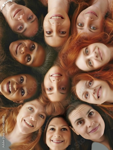 Group of female friends from diverse origins in circle, fun illustration of middle-aged women smiling happily, strong, confident, successful ladies looking blissful, radiant and happy to be together