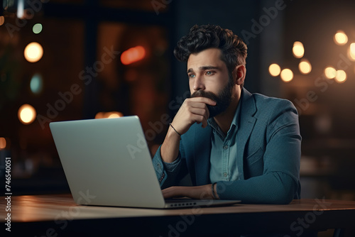 Bearded businessman working on his laptop, thinking and considering ideas, trying to solve a complex problem at night.