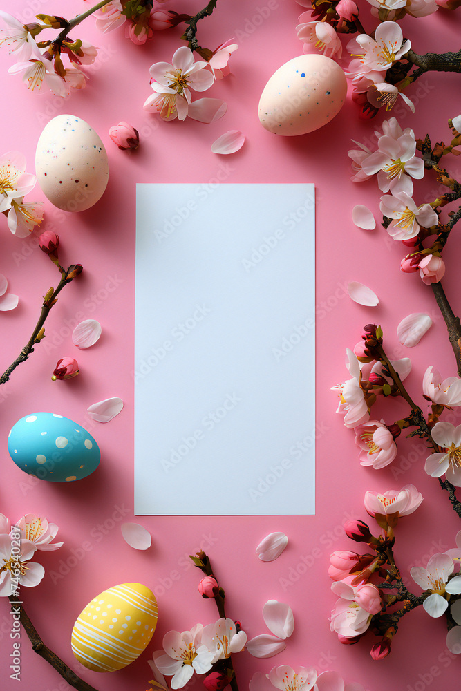 White empty blank rectangular paper on a pastel pink textured background with cherry blossoms and stylish Easter eggs all around. Creative Easter mockup design. Top view. White empty blank rectangular paper on a pastel pink textured background with cherry blossoms and stylish Easter eggs all around. Creative Easter mockup design. Top view.
