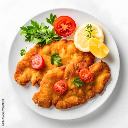 Homemade Breaded German Weiner Schnitzel top view isolated on white background