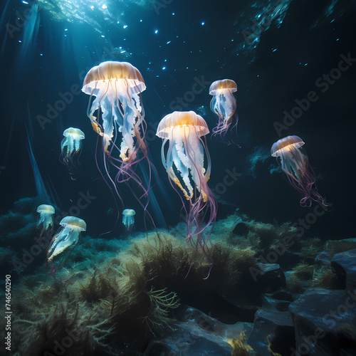 Bioluminescent jellyfish in a dark underwater cave 