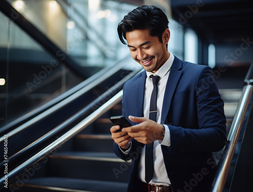 Smiling Asian businessman texting on smartphone near staircase in office building.