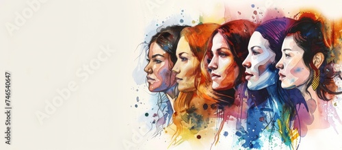 Watercolor brushstroke illustration of group of 3 women standing side by side, showcasing diversity and unity. International Women's Day. Banner for March 8. Women's rights movement © Vlaskova