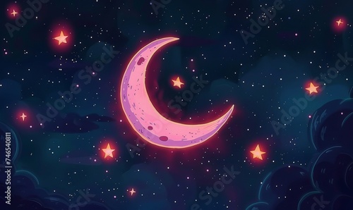 Crescent moon with stars on dark background.