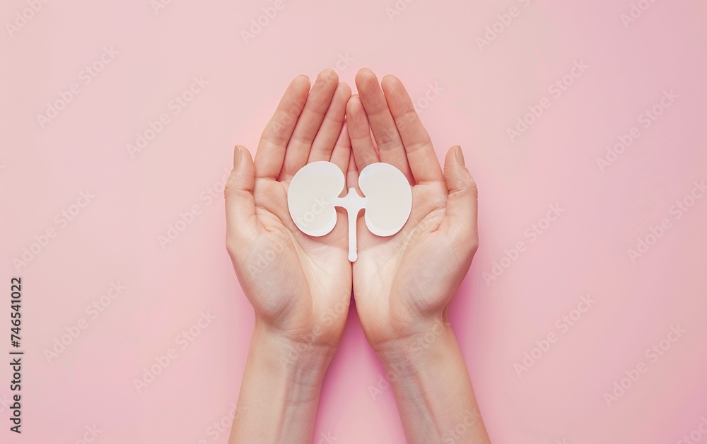 Female hands holding white human kidney symbol on pink background Female hands holding white human kidney symbol on pink background