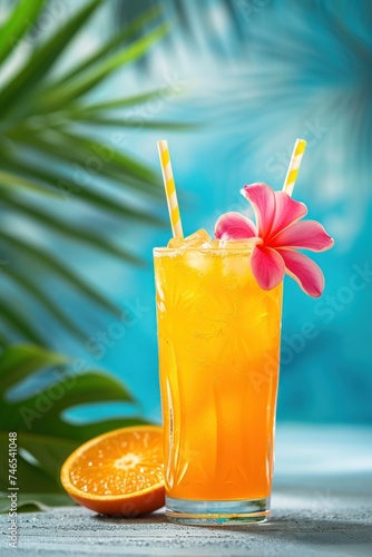 Tropical orange fruits mocktail garnish flowers with ice cube in tall glass on blue background. Summer freshness beverage.
