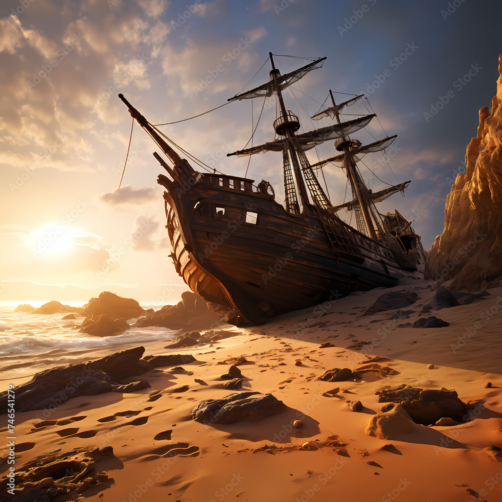 Deserted pirate shipwreck on a sandy shore.  - obrazy, fototapety, plakaty 