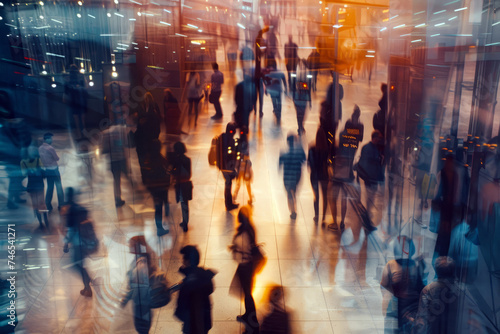 Long exposure shot capturing the hustle and bustle of commuters in motion at a busy train station, highlighting urban life.