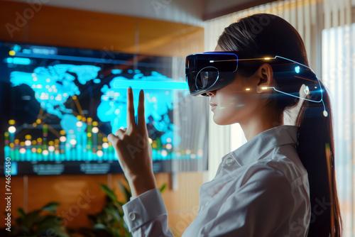 A professional woman engages with futuristic virtual reality technology to visualize data, signifying advanced analytics and business strategy.