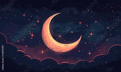 Crescent moon with stars on dark background.