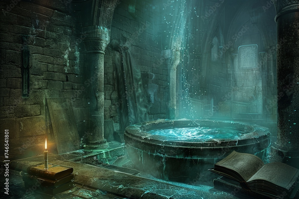 Sorcerers lair, ancient tomes, bubbling cauldron, mystical ambiance - obrazy, fototapety, plakaty 
