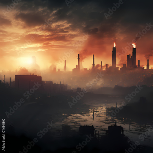 Dystopian city skyline obscured by pollution.