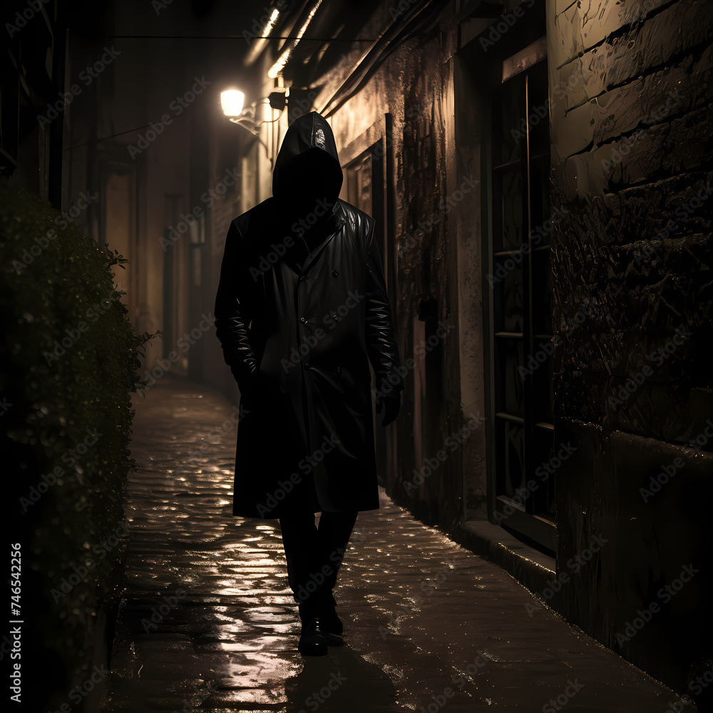 Enigmatic masked figure in a dimly lit alley.