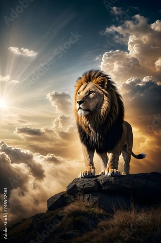 Majestic lion proudly standing atop a rugged mountain peak © Shoaib