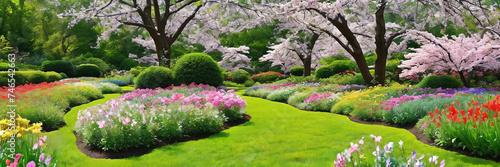 Beauty of a blooming flower garden in full springtime glory, with a variety of colorful blossoms photo