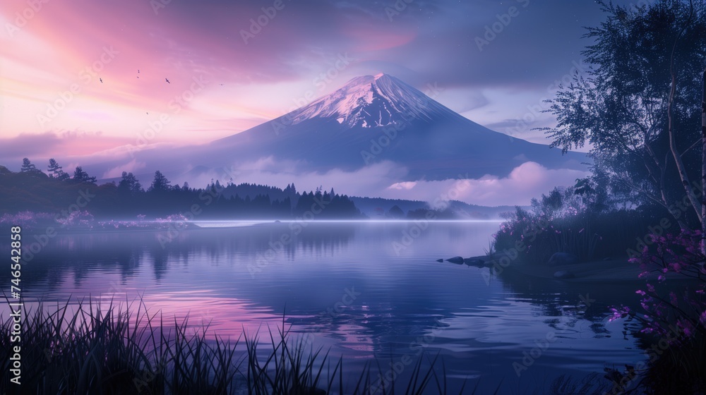 Beautiful japanese FujiYama Japan Fujisan sunrise view landscape in autumn at golden hour purple sunset with clouds and misty lake