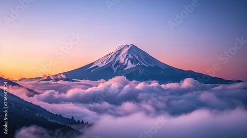 Beautiful japanese Fuji mountain volcano Japan Fujisan sunrise view landscape in autumn at golden hour purple sunset with clouds © NickArt