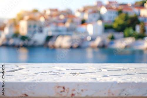 white stone table, blurred seaside town background, morning light for product display presentation