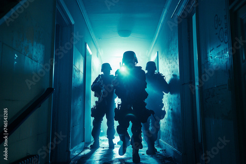 silhouette of special forces SWAT team in dark corridor