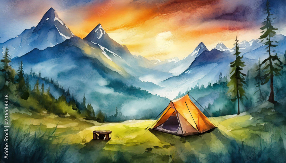 Watercolor camping site and landscape view forest and mountains, camp tent, outdoor activities