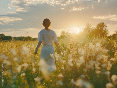 Girl walking on meadow at sunset in summer