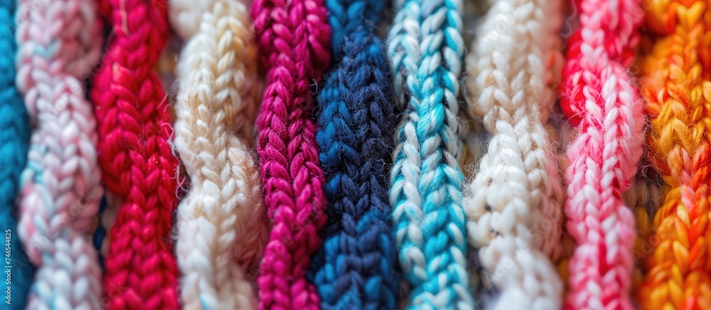 This close-up shot features a variety of differently colored ropes tightly intertwined, creating a visually interesting pattern. The ropes are bright and distinct against a neutral background.