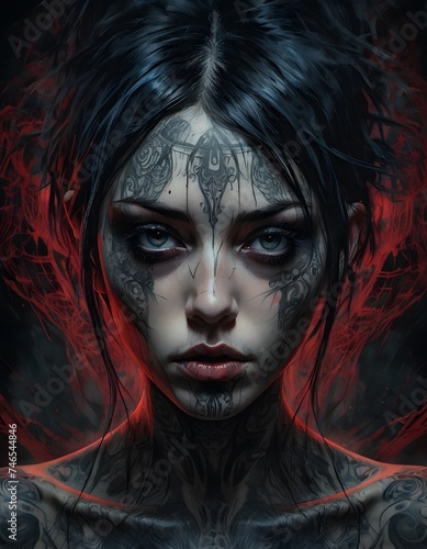 A person adorned with dark mystical tattoos peers out with a visionary s gaze. Their tattoos tell a story of complexity and depth. AI Generative