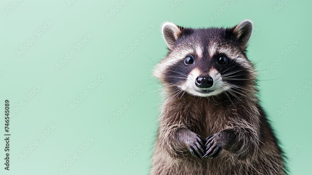 Generative AI image of cute happy racoon placed a stuffed heart shape on the head isolated on pastel green background, copy space, sharp focus, pro shot , noisy image